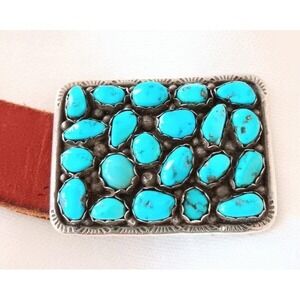 Vintage Sterling Turquoise Belt Boardwalk Leather Laramie WY Silver Buckle